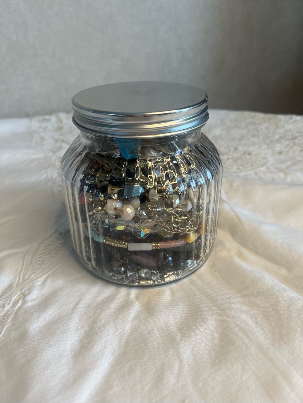 Clear Glass Jewelry Jar with Silver Lid - Jewelry 2.2 lbs